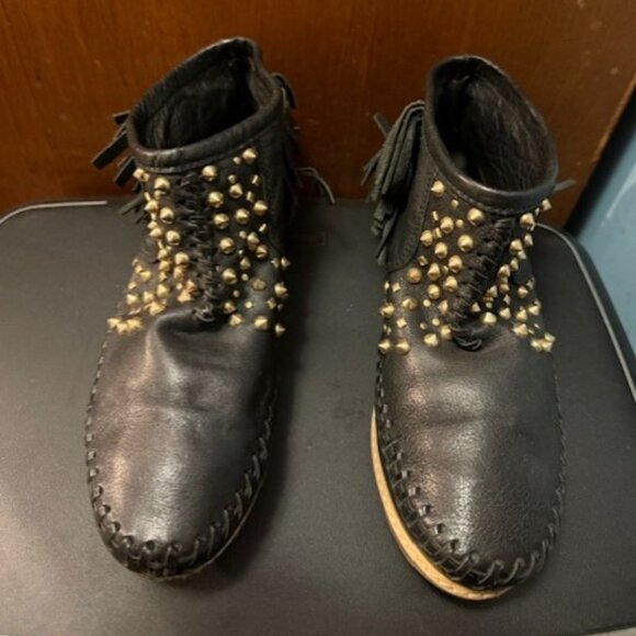 Vintage black leather studded fringe moccasins ankle booties - EU 37 - Picture 2 of 16